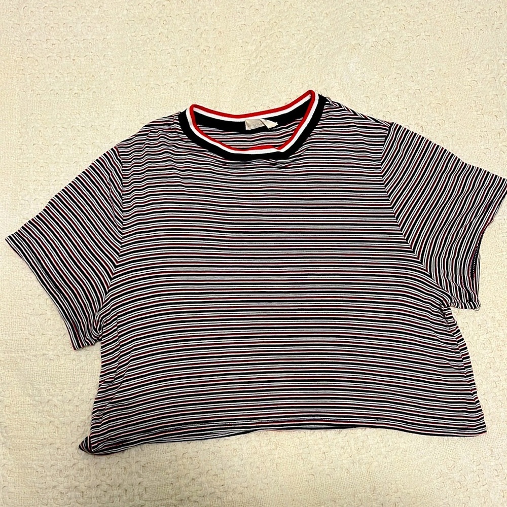 Two cropped red white and blue tees